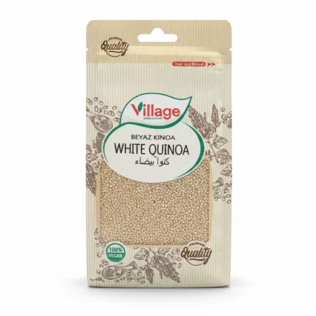 Front view of Village brand white quinoa in a beige resealable bag