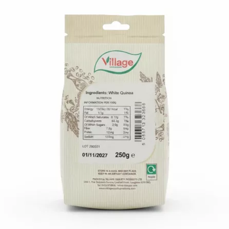 Back view of Village brand white quinoa packaging with nutrition info and barcode