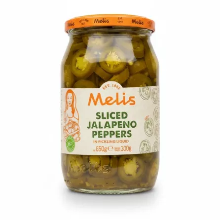 Jar of Melis brand sliced jalapeno peppers in pickling liquid