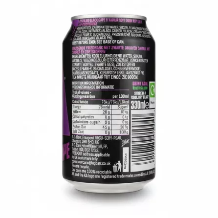 Back label of the KA Sparkling Black Grape can showing ingredients and nutrition information