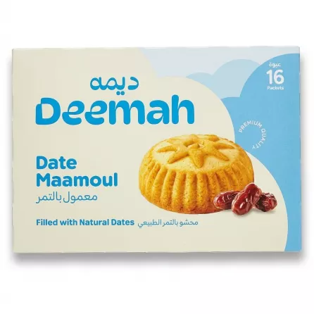 Enhanced Front of Deemah Date Maamoul box showing product and date filling