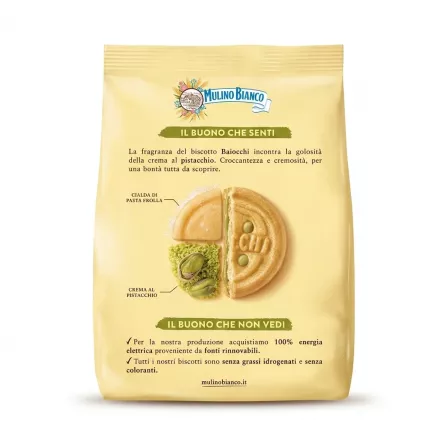 Enhanced Mulino Bianco Baiocchi Pistachio Biscuits back packaging with description