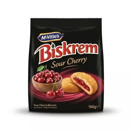 Enhanced Front of McVitie's Biskrem Sour Cherry Biscuits 160g pack