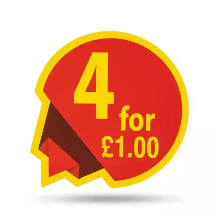 Enhanced Red and yellow sign showing 4 for £1 offer at sweets display