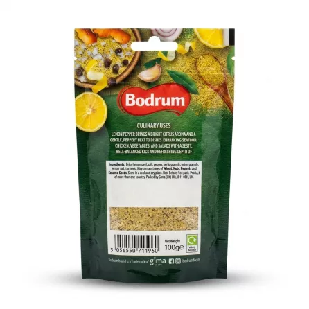 Enhanced Back of Bodrum Lemon Pepper 100g pack showing ingredients and usage