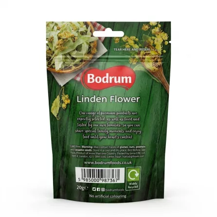 Enhanced Back of Bodrum Linden Flower Tea 20g pack displaying product details and barcode