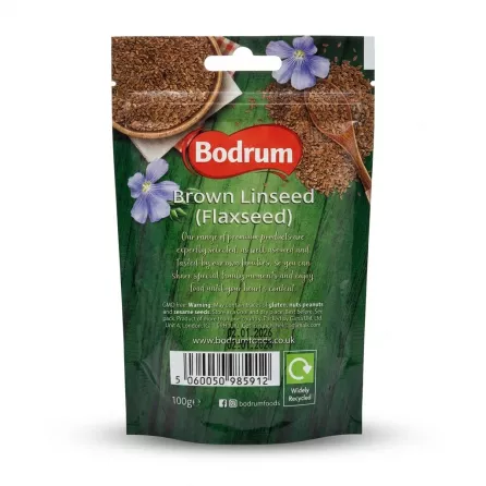Enhanced Back of Bodrum Brown Linseed Flaxseed pouch with product information and barcode