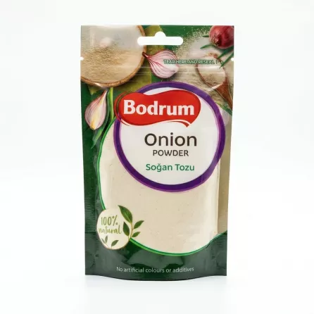 Enhanced Front view of Bodrum Onion Powder 100g pouch with green and white design