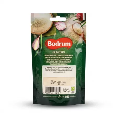 Enhanced Back view of Bodrum Onion Powder 100g pouch showing ingredients and barcode