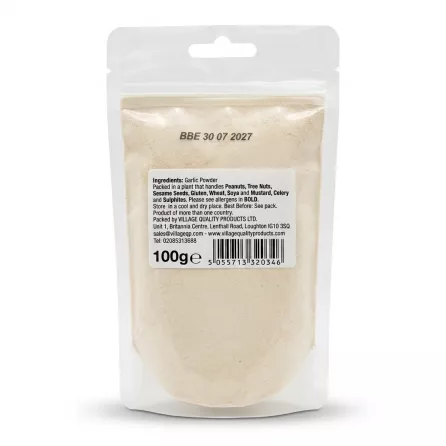 Enhanced Back view of Village Garlic Powder 100g showing ingredient and barcode