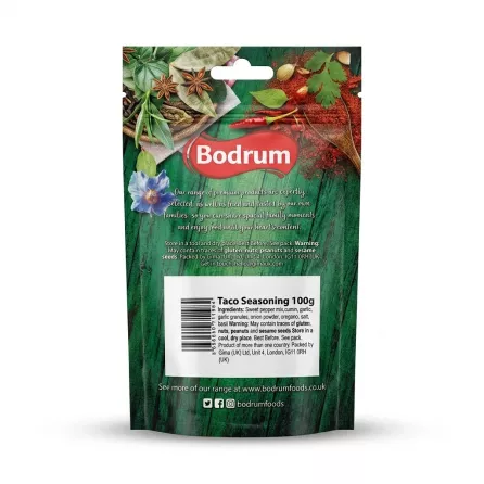 Enhanced Back of Bodrum Taco Mix 100g pouch showing ingredients and barcode