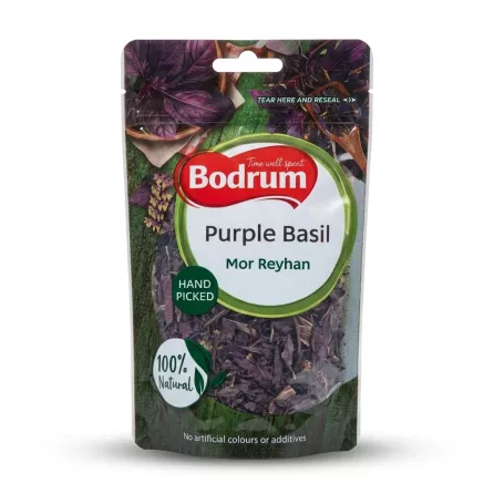 Enhanced Front view of Bodrum Purple Basil Mor Reyhan 25g resealable pouch