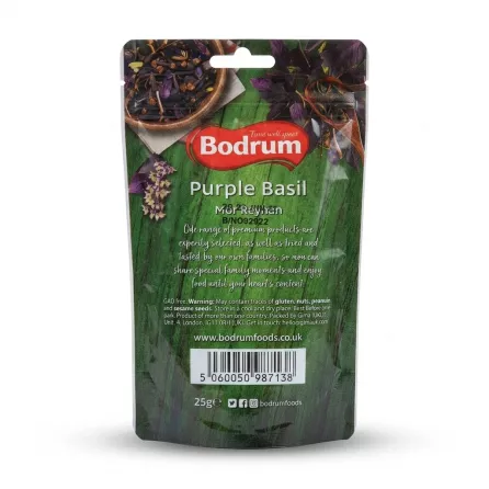 Enhanced Back view of Bodrum Purple Basil Mor Reyhan 25g pouch showing product details and barcode