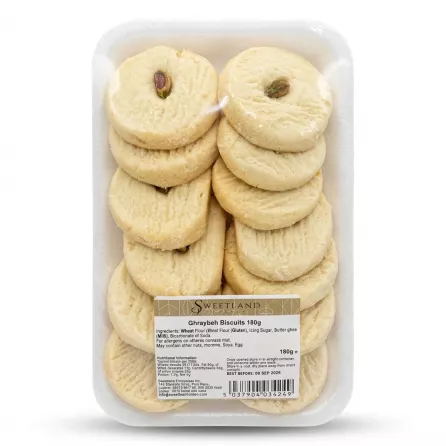 Enhanced Pack of Sweetland Ghraybeh Biscuits 180g in clear packaging