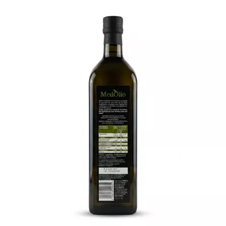 Enhanced Back of MedOlio Extra Virgin Olive Oil 1L bottle with nutrition and product details