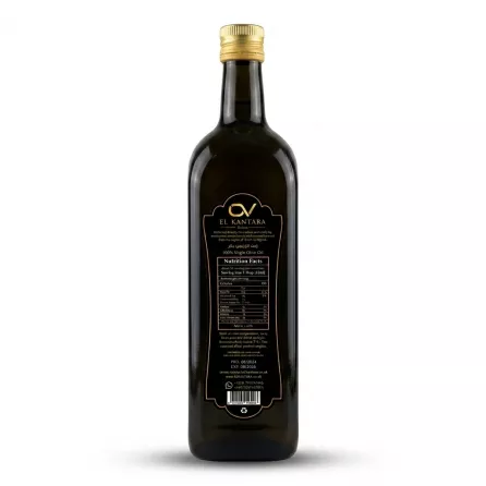 Enhanced Back of El Kantara Virgin Olive Oil bottle displaying nutrition facts