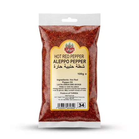 Enhanced Front of Safa Hot Red Aleppo Pepper 100g pack showing label and ingredients