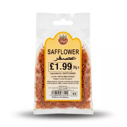 Enhanced Front of Safa Safflower 30g pack with product and price label