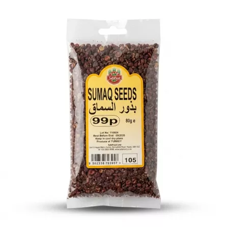 Enhanced Hand holding a clear packet of SafaFood Sumaq Seeds 80g with yellow label