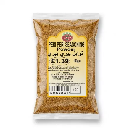 Enhanced Close-up of Safa Peri Peri Seasoning Powder 100g showing ingredients and barcode