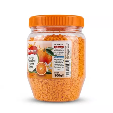 Enhanced Back label of Bodrum Orange Flavoured Instant Drink showing preparation and ingredients