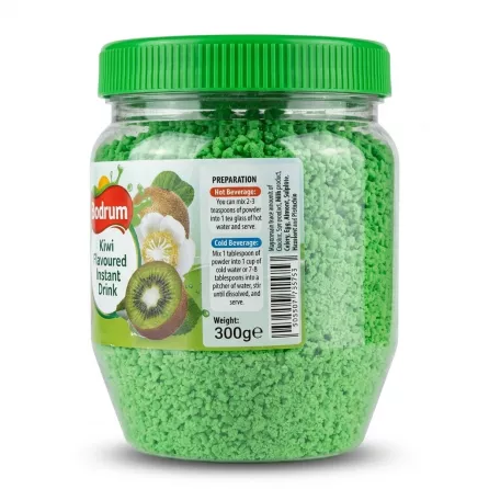 Enhanced Bodrum Kiwi Flavoured Instant Drink preparation and barcode