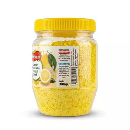 Enhanced Side view of Bodrum Lemon Flavoured Instant Drink jar showing preparation instructions
