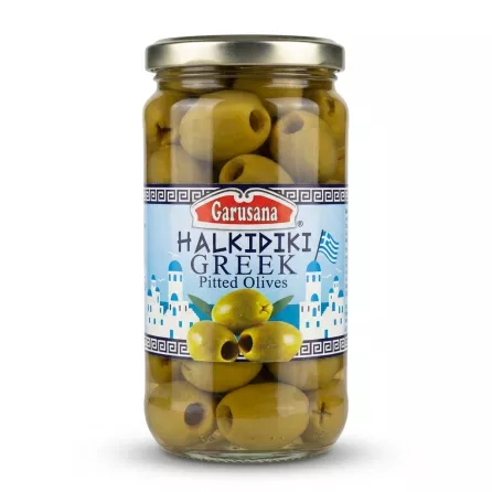 Enhanced Front label of Garusana Halkidiki Greek Pitted Olives jar