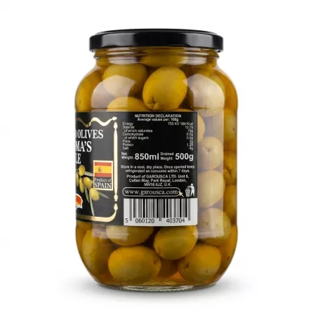 Enhanced Back label with nutritional info and barcode of Garusana Marinated Olives Grandma’s Style