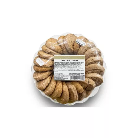Enhanced A clear plastic tray of golden brown milk chocolate cookies in a circular arrangement with ingredient label and price sticker