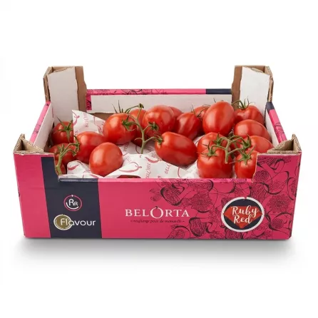 Enhanced Side view of BelOrta Ruby Red plum tomatoes in pink box