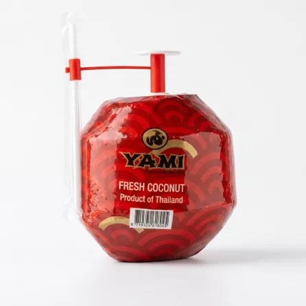 Enhanced Back view of YAMI Fresh Coconut showing product details, barcode, straw and opener