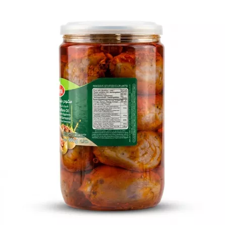 Enhanced Rear label of Durra Makdous 880g jar showing nutritional information