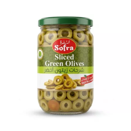 Enhanced Front of Sofra Sliced Green Olives jar 400g