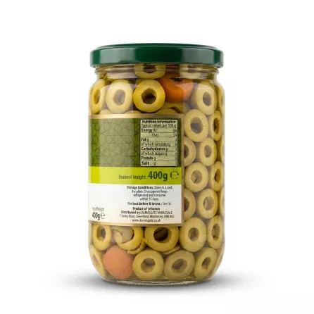 Enhanced Back label of Sofra Sliced Green Olives jar with nutrition info