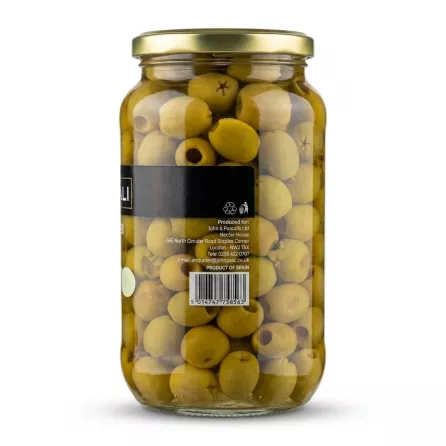 Enhanced Back label of Pascali Pitted Green Olives showing barcode and contact details
