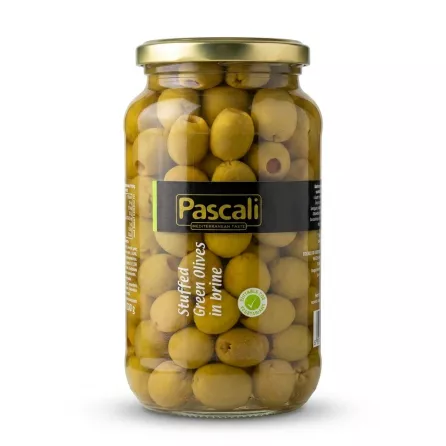 Enhanced Front view of Pascali Stuffed Green Olives jar with label
