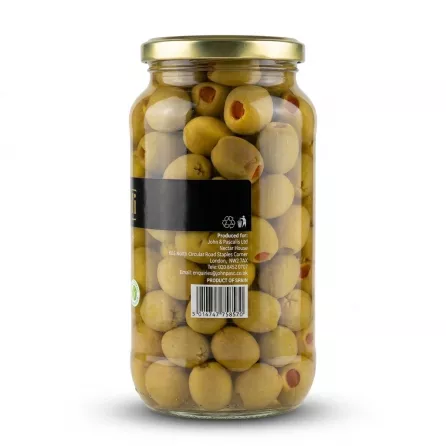 Enhanced Back view of Pascali Stuffed Green Olives jar showing producer and barcode