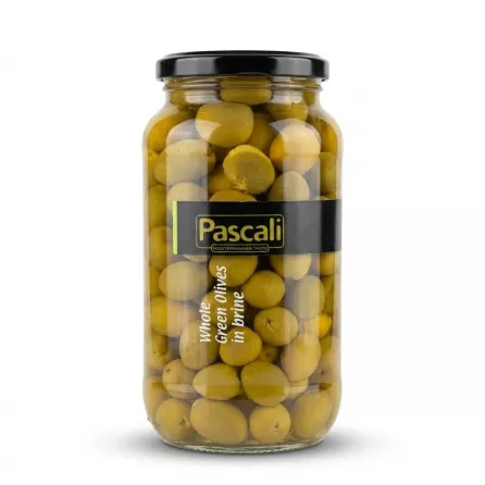 Enhanced Front of Pascali Whole Green Olives in Brine jar held in hand
