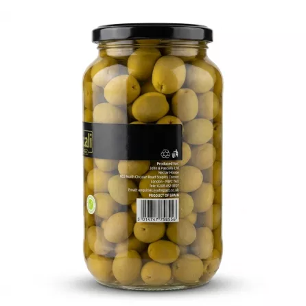 Enhanced Back label with barcode and product details on Pascali Green Olives jar