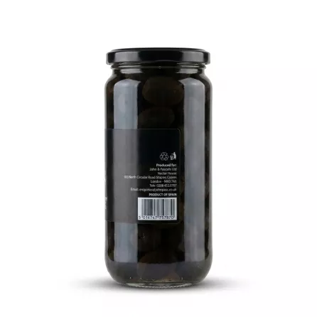 Enhanced Back label with barcode on Pascali Whole Black Olives in Brine jar