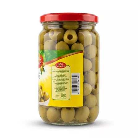Enhanced California Garden pitted green olives back label with barcode