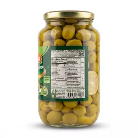 Enhanced Back label with nutrition facts and barcode of Alsaadah Green Olives Halabi jar