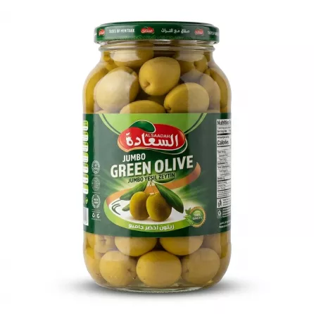 Enhanced Front view of Alsaadah Jumbo Green Olive 1350g jar in hand