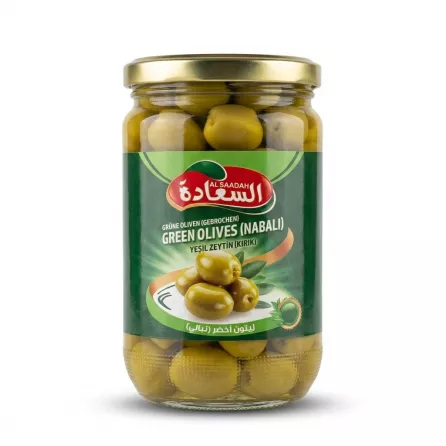 Enhanced Front view of a jar of Al Saadah Green Olives Nabali