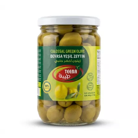 Enhanced Front view of Teeba Colossal Green Olive jar with label