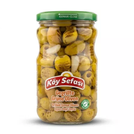 Enhanced Front view of Köy Sefası Grilled Green Olives jar 660g in hand