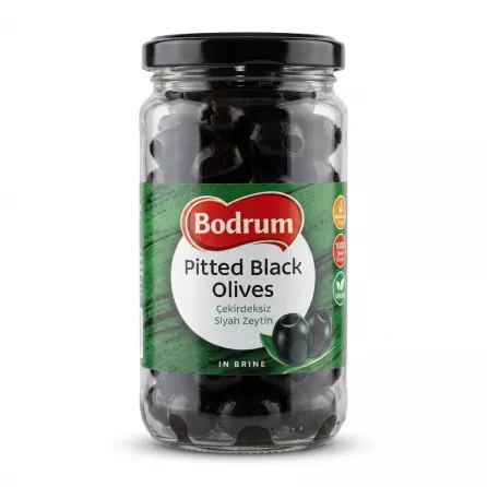 Enhanced Front view of Bodrum Pitted Black Olives jar held in hand in a store aisle