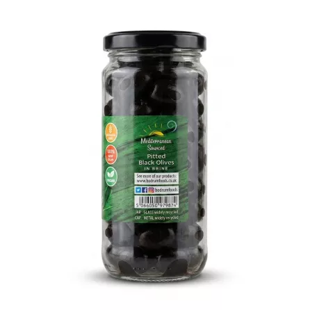 Enhanced Back label of Bodrum Pitted Black Olives jar showing recyclability and barcode
