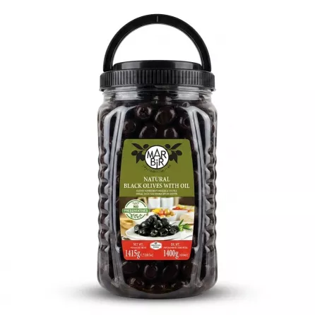 Enhanced Front view of Marbir Natural Black Olives with Oil 1.4kg jar